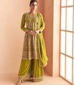 yellow georgette thread embroidered  sequined semi stitched suit