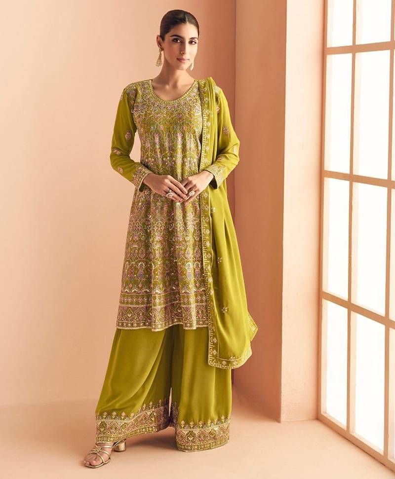 yellow georgette thread embroidered  sequined semi stitched suit