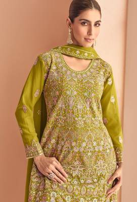 yellow georgette thread embroidered  sequined semi stitched suit 2