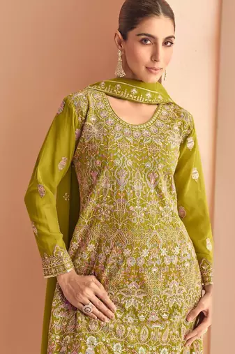 yellow georgette thread embroidered  sequined semi stitched suit