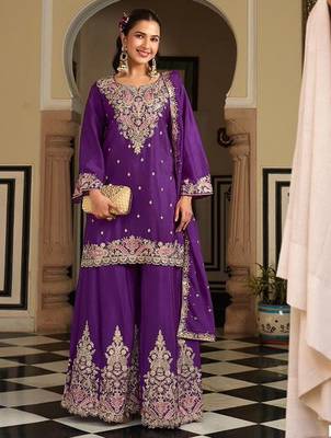 purple silk blend embroidered  sequined & mirror semi stitched suit 1