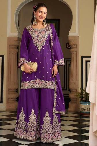 purple silk blend embroidered  sequined & mirror semi stitched suit