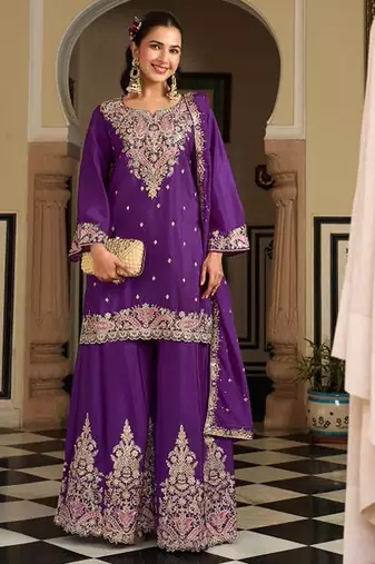 purple silk blend embroidered  sequined & mirror semi stitched suit