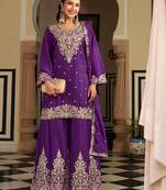 purple silk blend embroidered  sequined & mirror semi stitched suit