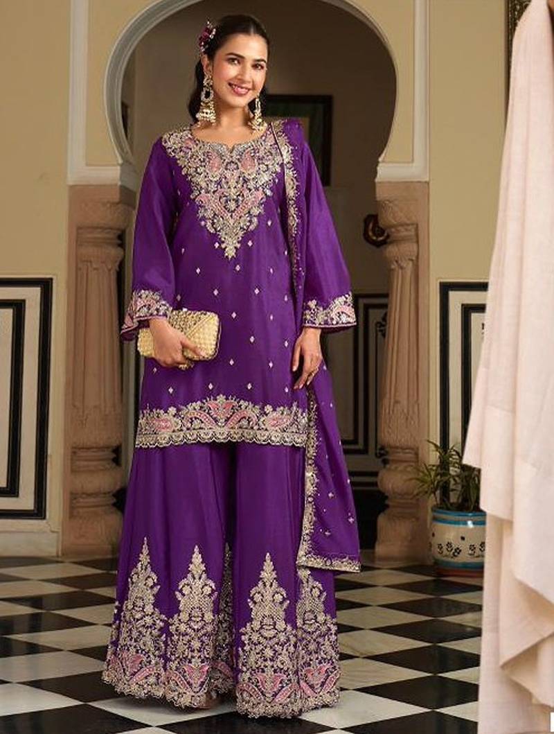 purple silk blend embroidered  sequined & mirror semi stitched suit
