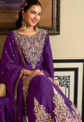 purple silk blend embroidered  sequined & mirror semi stitched suit 2