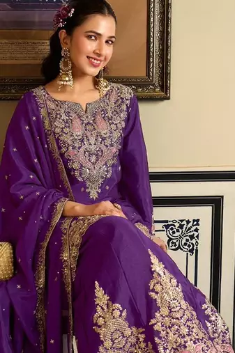 purple silk blend embroidered  sequined & mirror semi stitched suit
