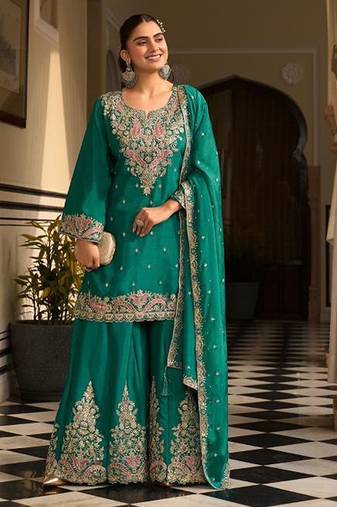 teal green silk blend embroidered  sequined & mirror semi stitched suit