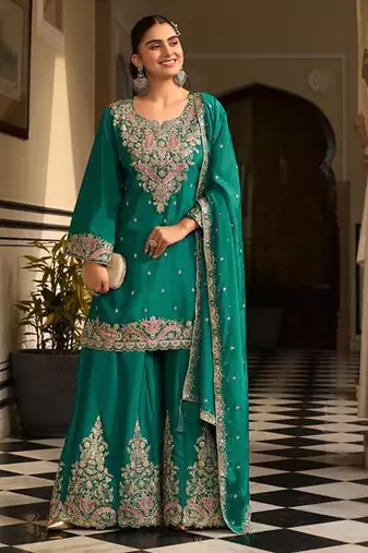 teal green silk blend embroidered  sequined & mirror semi stitched suit