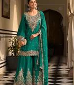 teal green silk blend embroidered  sequined & mirror semi stitched suit