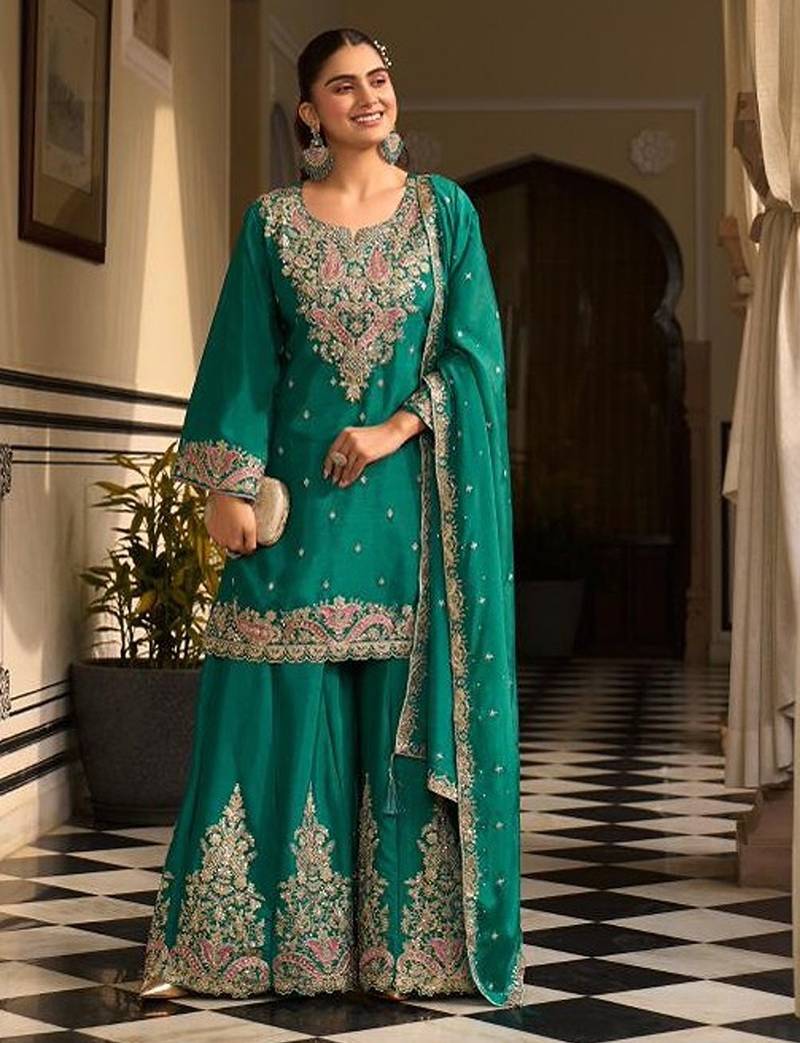 teal green silk blend embroidered  sequined & mirror semi stitched suit