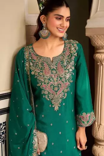 teal green silk blend embroidered  sequined & mirror semi stitched suit