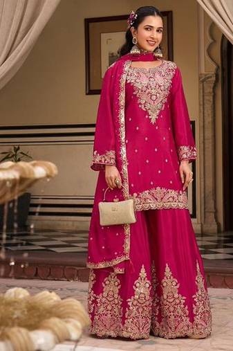 rani pink silk blend embroidered  sequined & mirror semi stitched suit