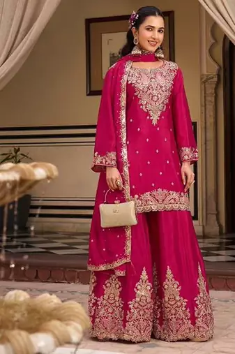 rani pink silk blend embroidered  sequined & mirror semi stitched suit