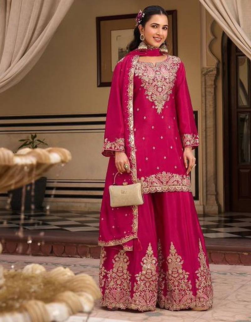 rani pink silk blend embroidered  sequined & mirror semi stitched suit