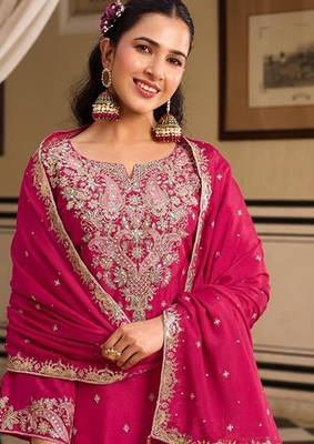 rani pink silk blend embroidered  sequined & mirror semi stitched suit 2