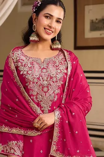 rani pink silk blend embroidered  sequined & mirror semi stitched suit