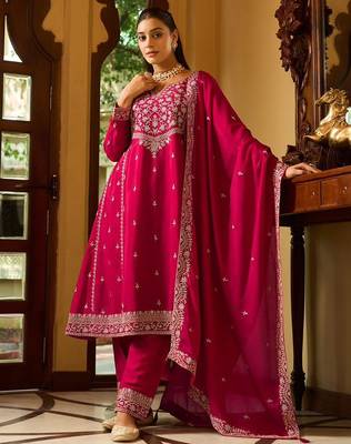 rani pink silk blend gold silver zari embroidered  sequined & mirror semi stitched suit 1