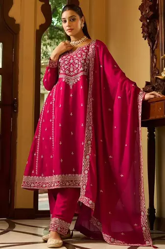 rani pink silk blend gold silver zari embroidered  sequined & mirror semi stitched suit