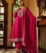rani pink silk blend gold silver zari embroidered  sequined & mirror semi stitched suit