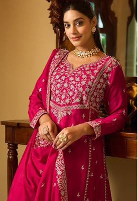 rani pink silk blend gold silver zari embroidered  sequined & mirror semi stitched suit 2