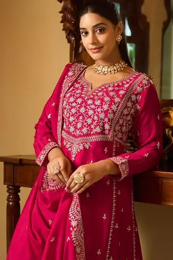 rani pink silk blend gold silver zari embroidered  sequined & mirror semi stitched suit