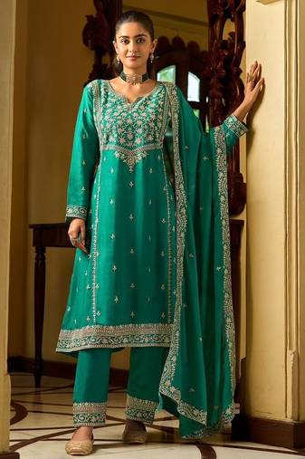 rama green silk blend gold silver zari embroidered  sequined & mirror semi stitched suit