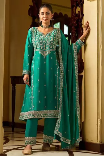 rama green silk blend gold silver zari embroidered  sequined & mirror semi stitched suit