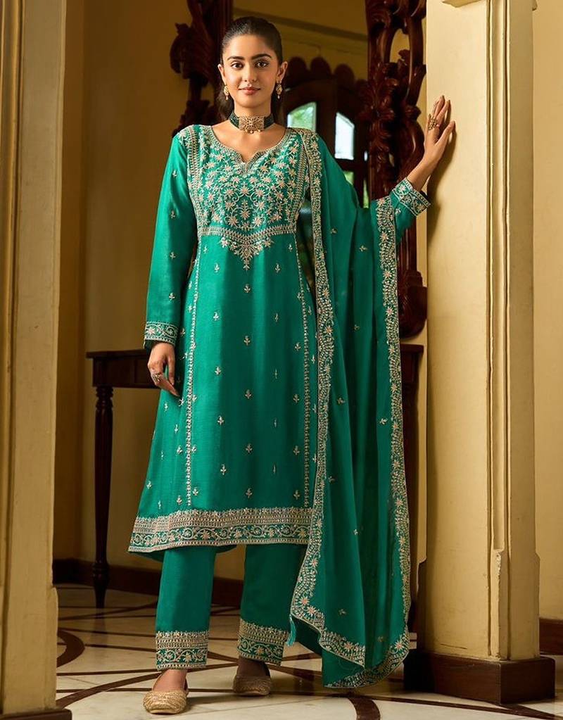 rama green silk blend gold silver zari embroidered  sequined & mirror semi stitched suit