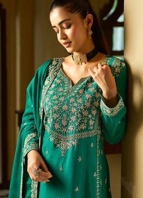 rama green silk blend gold silver zari embroidered  sequined & mirror semi stitched suit 2