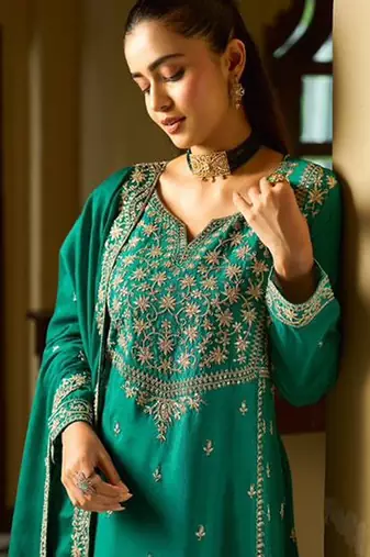 rama green silk blend gold silver zari embroidered  sequined & mirror semi stitched suit