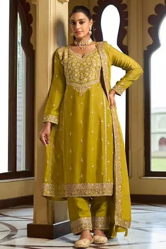 mustard silk blend gold silver zari embroidered  sequined & mirror semi stitched suit