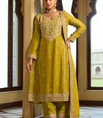 mustard silk blend gold silver zari embroidered  sequined & mirror semi stitched suit