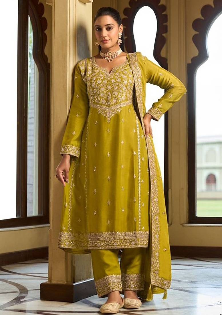 mustard silk blend gold silver zari embroidered  sequined & mirror semi stitched suit