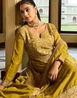 mustard silk blend gold silver zari embroidered  sequined & mirror semi stitched suit 2