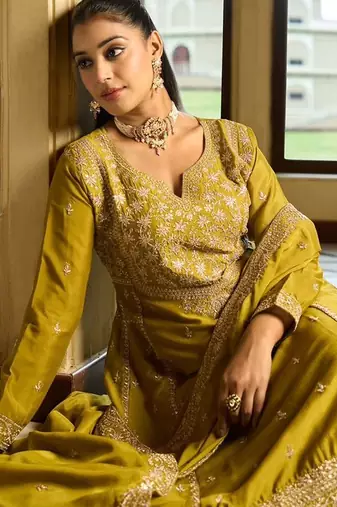 mustard silk blend gold silver zari embroidered  sequined & mirror semi stitched suit