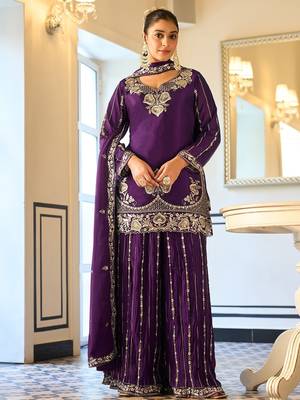 purple georgette zari embroidered  embellished  sequined & mirror semi stitched suit 1