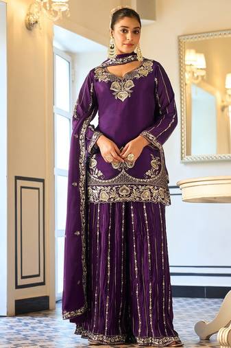 purple georgette zari embroidered  embellished  sequined & mirror semi stitched suit