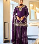 purple georgette zari embroidered  embellished  sequined & mirror semi stitched suit