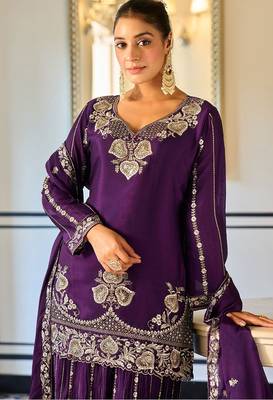 purple georgette zari embroidered  embellished  sequined & mirror semi stitched suit 2