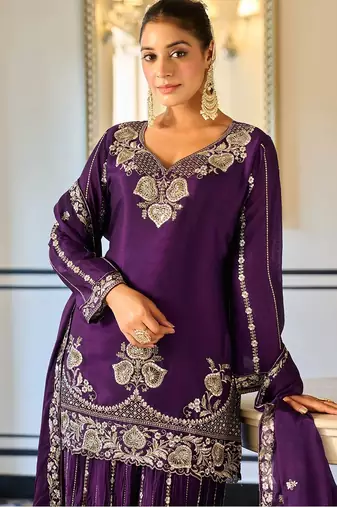 purple georgette zari embroidered  embellished  sequined & mirror semi stitched suit