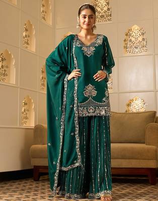 rama green georgette zari embroidered  embellished  sequined & mirror semi stitched suit 1