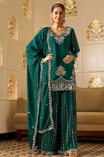 rama green georgette zari embroidered  embellished  sequined & mirror semi stitched suit