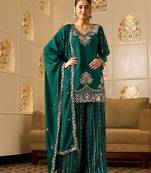rama green georgette zari embroidered  embellished  sequined & mirror semi stitched suit