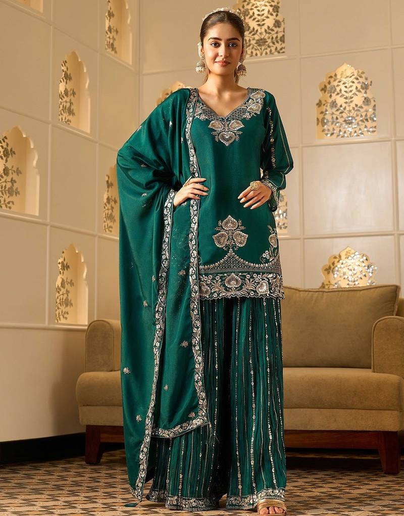 rama green georgette zari embroidered  embellished  sequined & mirror semi stitched suit