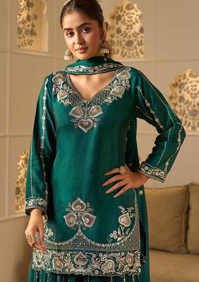rama green georgette zari embroidered  embellished  sequined & mirror semi stitched suit 2