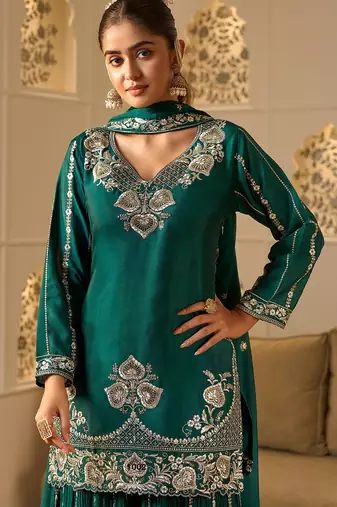 rama green georgette zari embroidered  embellished  sequined & mirror semi stitched suit