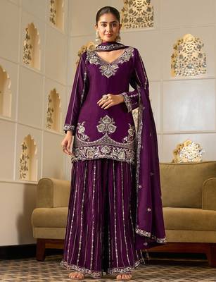 royal purple georgette zari embroidered  embellished  sequined & mirror semi stitched suit 1