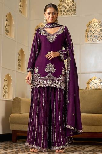 royal purple georgette zari embroidered  embellished  sequined & mirror semi stitched suit