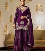 royal purple georgette zari embroidered  embellished  sequined & mirror semi stitched suit